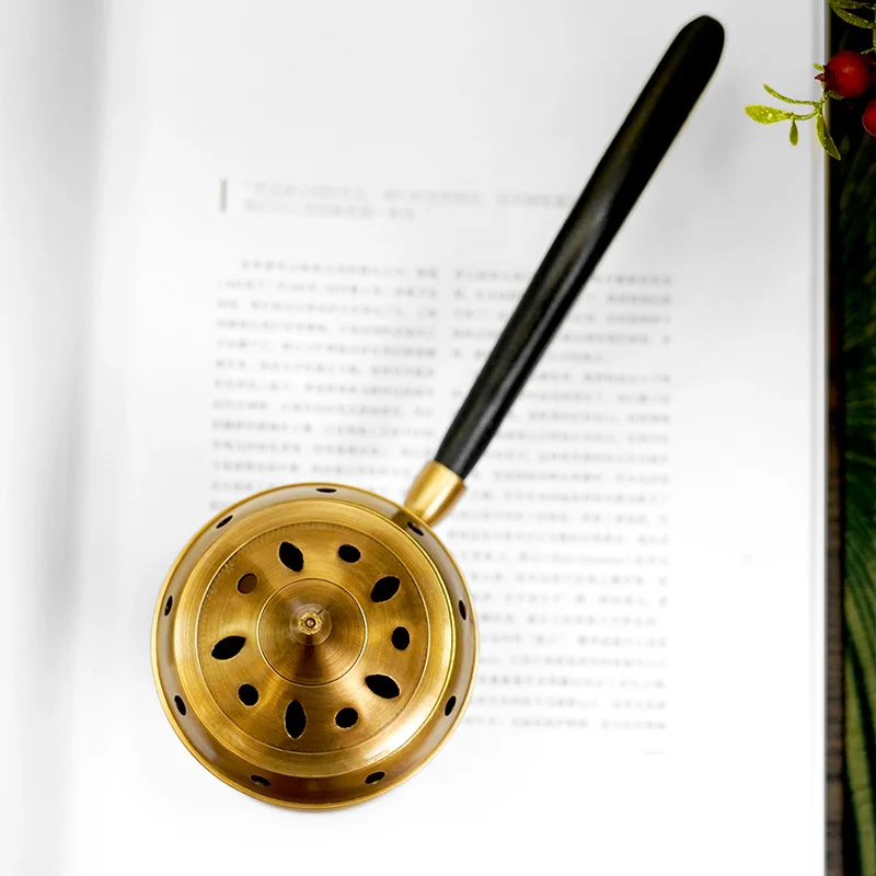 Brass Censer Solid Wood Handle Handheld Incense Holders Ornaments Copper Art Burners Home Neo-classical Tea Room Decor