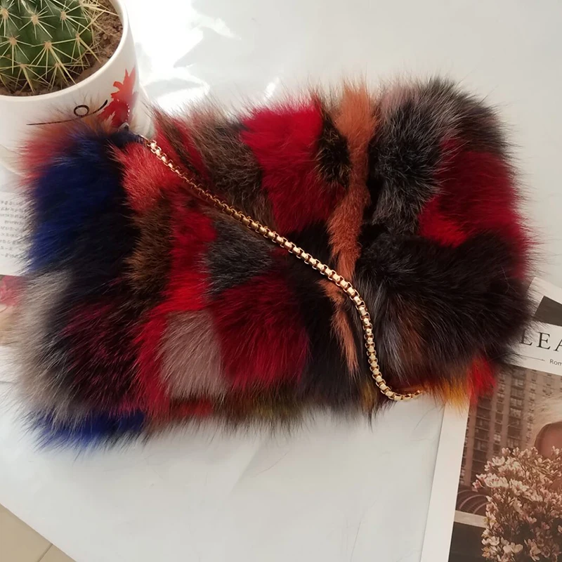 Real fox fur lady\'s handbag mini chain messenger bag one shoulder cross body bags cute Fur hair bag real leather Christmas gift