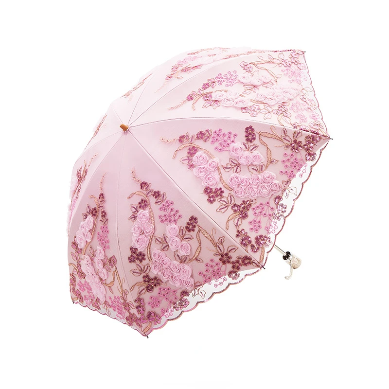 High Quality Shade Umbrellas for Women Sun and UV Protection Small Portable Dual-purpose Lace Folding Vinyl Embroidery Umbrella