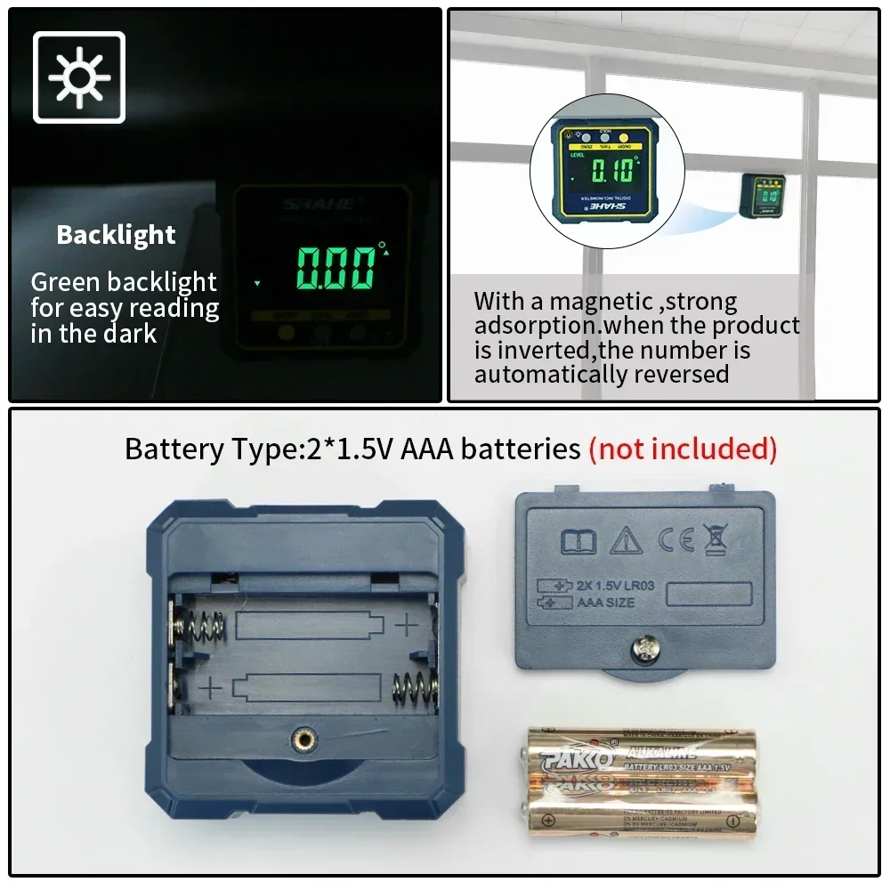 Shahe 2-em 1 nível digital magnético e ângulo localizador inclinômetro bisel calibre com função de retenção luz de fundo e base magnética