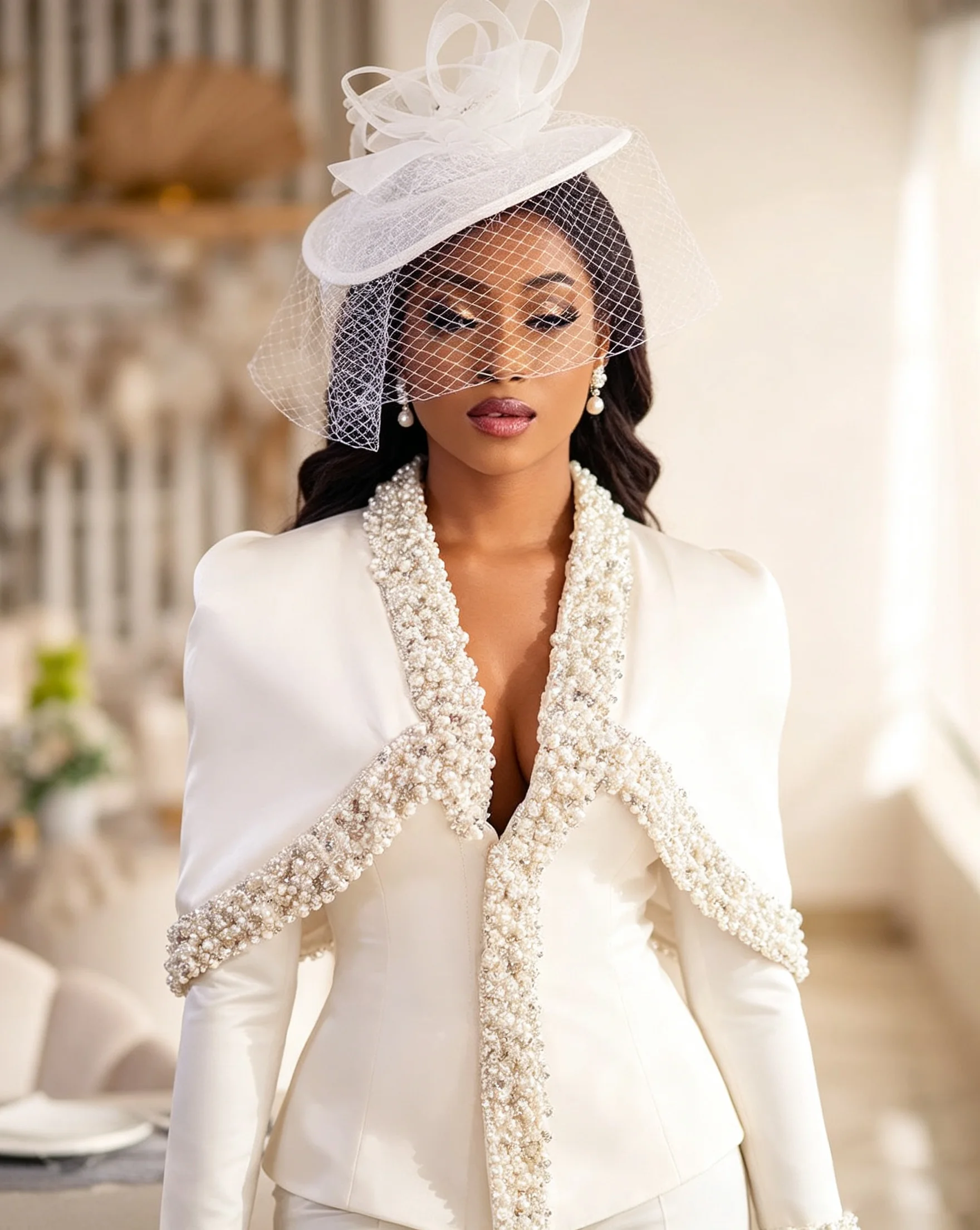 Elegant Suits For Women V Neck Pearls Beaded Lady Set Slim Fit Long Sleeves 2 Pcs Coat Pants Prom Party Custom Made