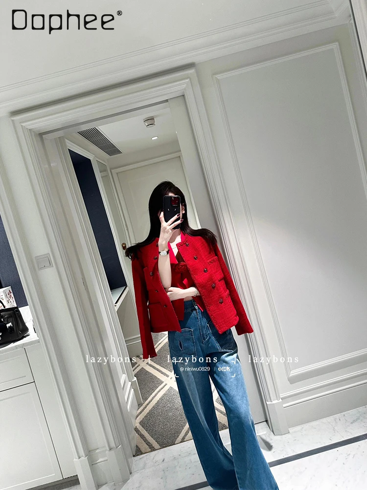 High End Temperament Celebrity Heavy Industry Short Woven Tweed Jacket Three-dimensional Flower Neck Vest Two-piece Set Women