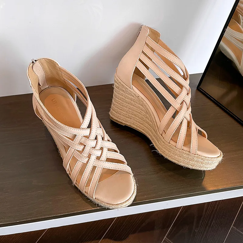 MKKHOU Fashion Pumps New High Quality Genuine Leather Thick Bottom Slope Heel Sandals Thin Strip Weaving Summer Women's Shoes