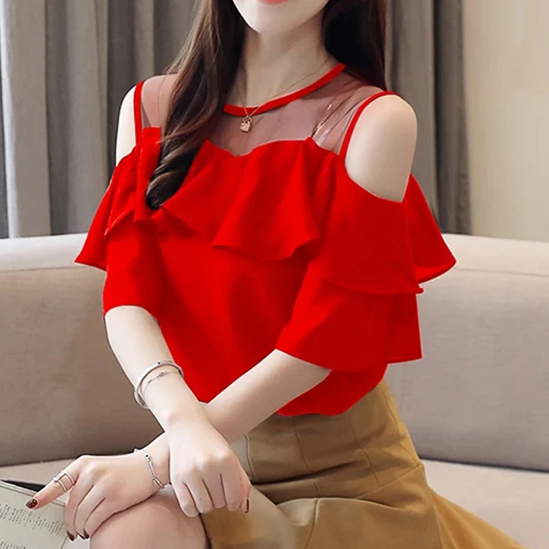 Elegant Summer Off Shoulder Women Blouses 2024 Office Lady Short Sleeve Shirts Fashion Casual Chiffon Woman Tops Clothes 4206