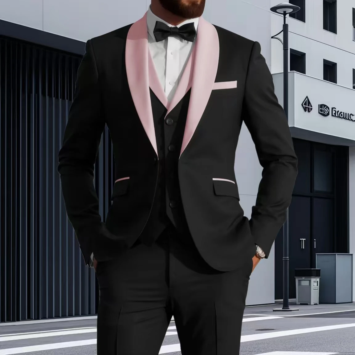 

Mens Suits 3 Piece Black Shawl Lapel Casual Groom Tuxedos suit and pants with vest Ideal for Business Meetings