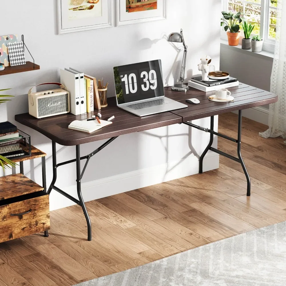 6 ft Portable Folding Table w/ Wood Grain HDPE Tabletop Safe Lock Mechanism view 4