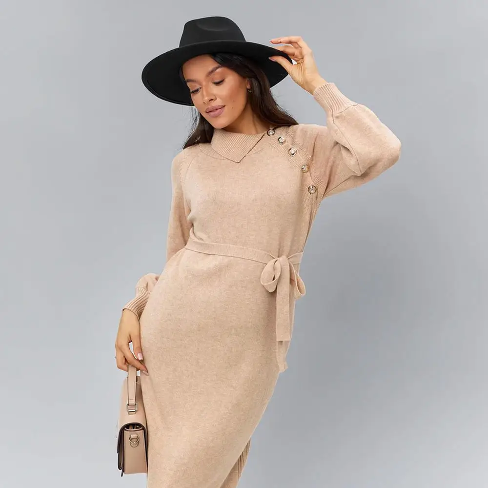 Fashion Women Knitted Midi Dress Lapel Button Decorative Autumn Winter Long Sleeve Casual A Line Sweater Dresses Pullover