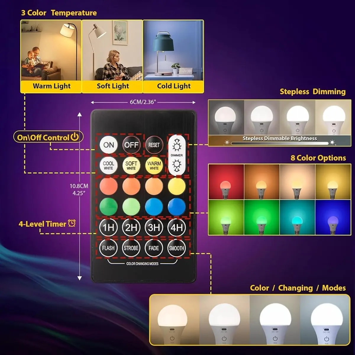مصابيح كهربائية FSLH LED قابلة لإعادة الشحن مع لمبة إضاءة تعمل بالبطارية E26 عن بعد، لمبة تغيير RGB الذكية مع خطاف #3