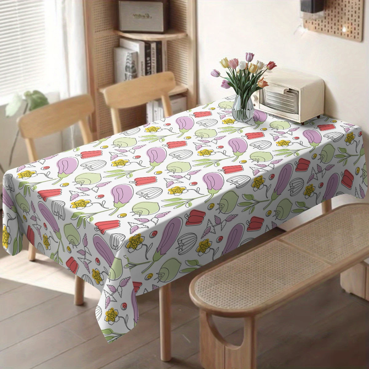 Playful Hand-drawn Fruit Pattern Polyester Tablecloth - Decorative Table Cover for Home Dining Room, Kitchen and Party Use