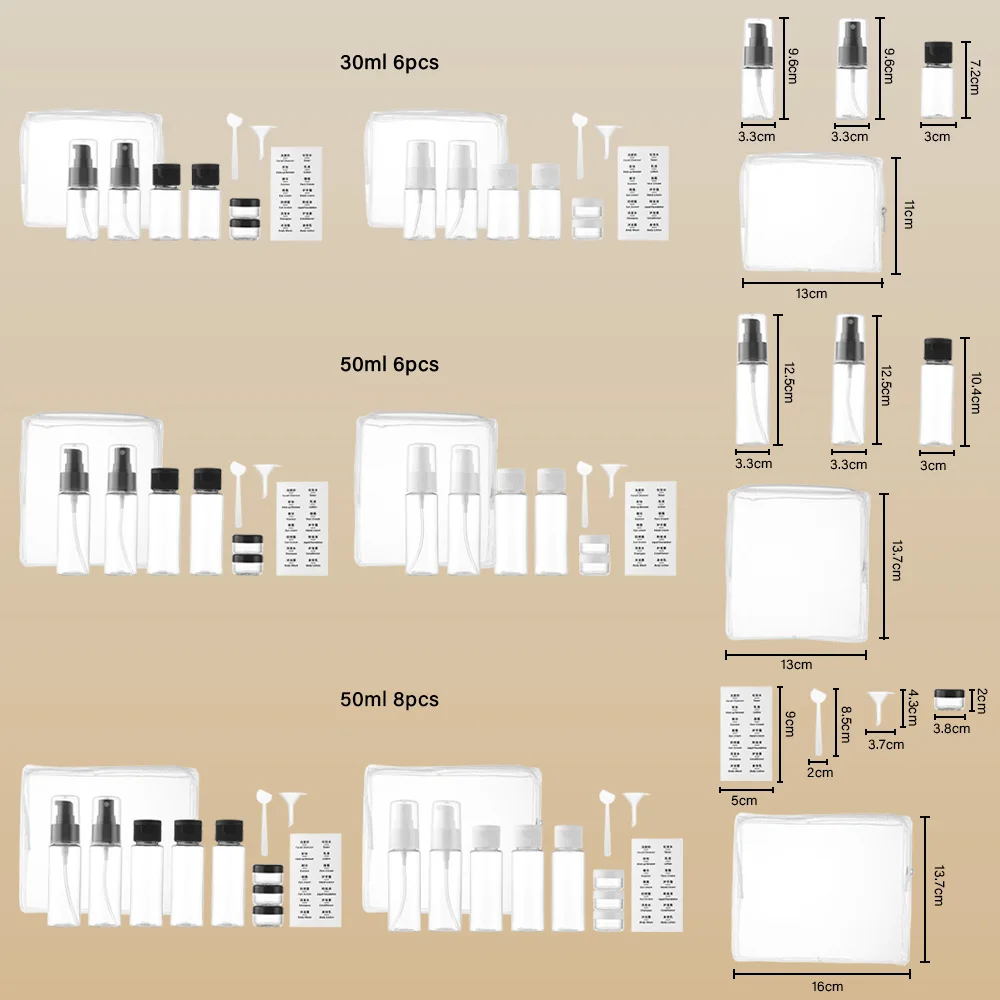 6/8 Pcs 50ml Travel Bottle Set Black/White Refillable Toiletry Kit with Spray Lotion Mini Jars Funnel Dropper Carry Case