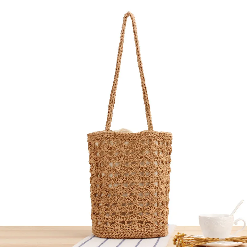 

Vintage Summer Handmade Woven Beach Rattan Beach Tote Bag Woman Fashion Straw Bucket Handbag For Ladies Shoulder Purse