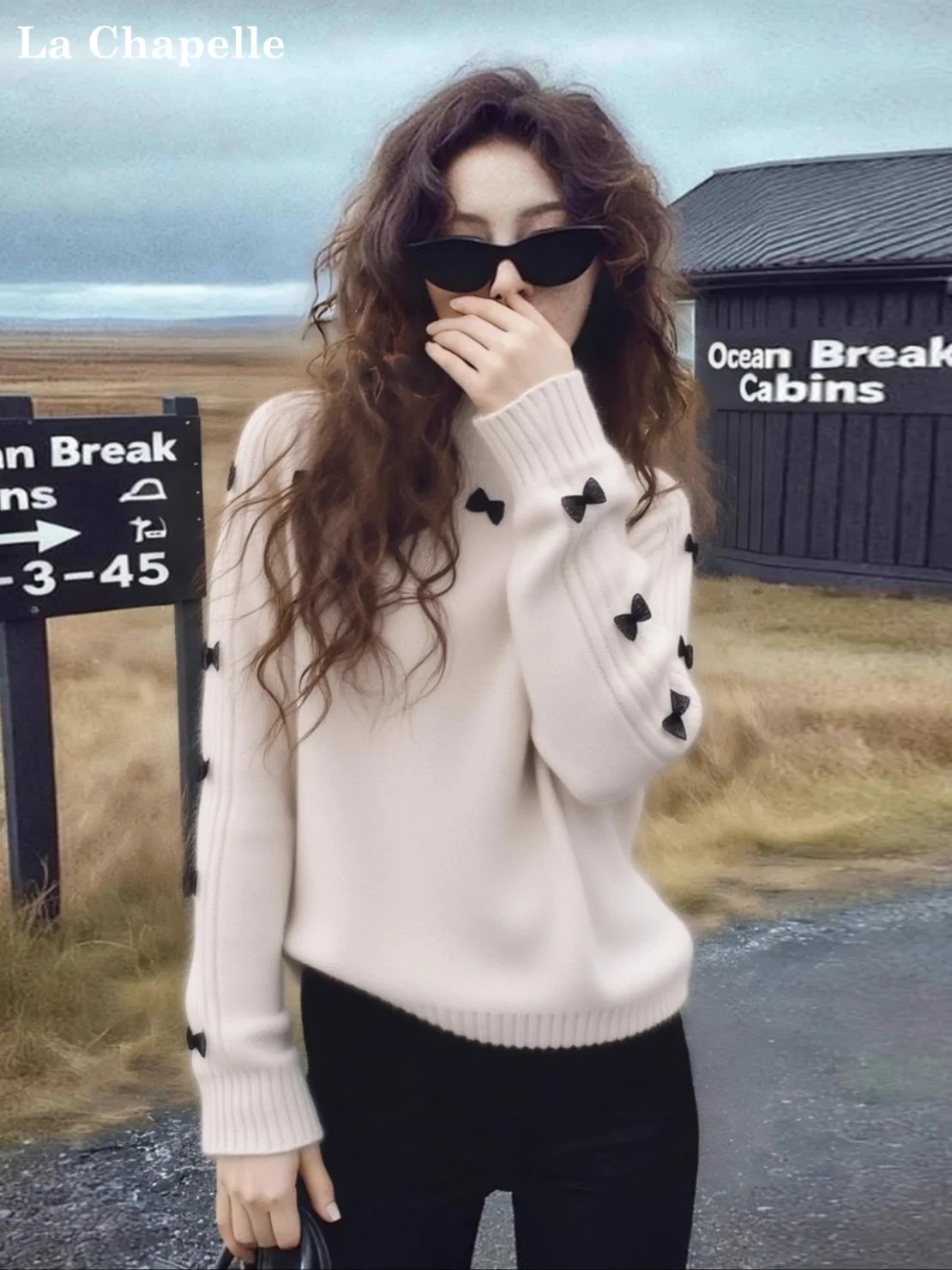 

La Chapelle Women's Knitted Sweater Knot Embroidered White Heavyweight Knitwear Spring Autumn Winter Warmth