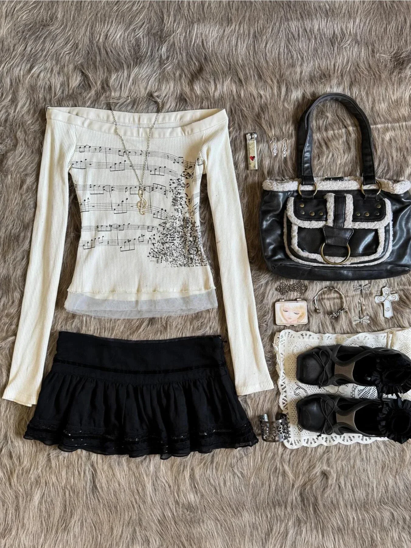Korean 2000s Punk Goth Girls Graphic Tops Off Shoulder Sexy Lace Cotton T Shirts Cute Music Pattern Y2K Sweet Women Crop Tops image 6