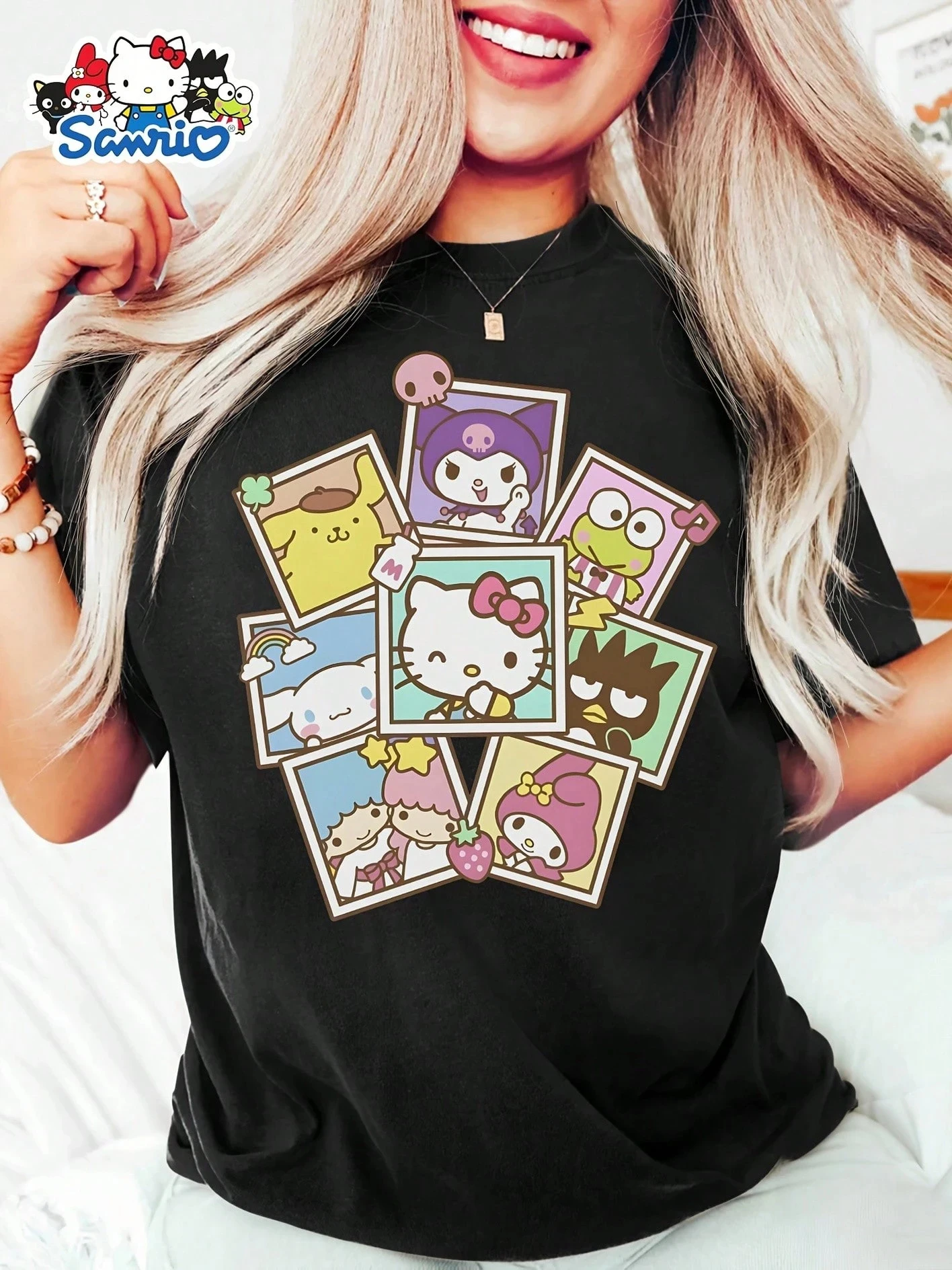 2026 Sanrio Hello Kitty and Friends Anime T-shirt with Card Patterns of Hello Kitty, Melody, Etc. Breathable Round Neck T-shirt
