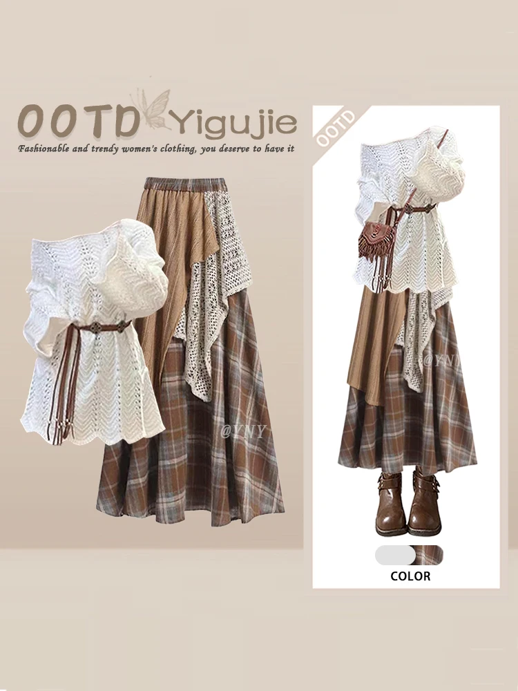 Women's Hollow out Patchwork Plaid  Skirt And Top Set Autumn Design Sense Two Piece Set Long Sleeve round Neck Knitwear