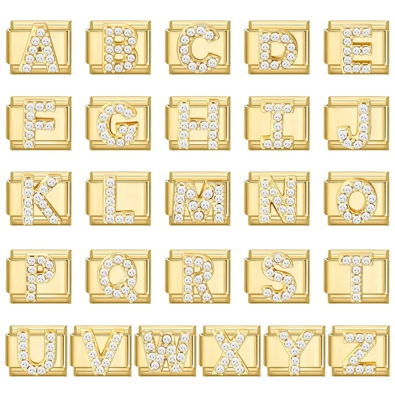 Fashion Gold 26 A-Z English Letters Italian Charm Links Fit 9mm Stainless Steel Basical Bracelet Making Women Jewelry Hand Chain
