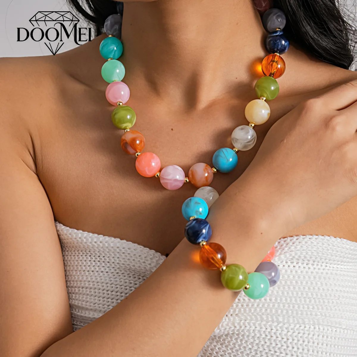 DOO MEI Colorful Acrylic Resin Beads Chain Necklace Bracelet for Women Summer Fashion Round Choker Necklace Bracelet Jewelry Set