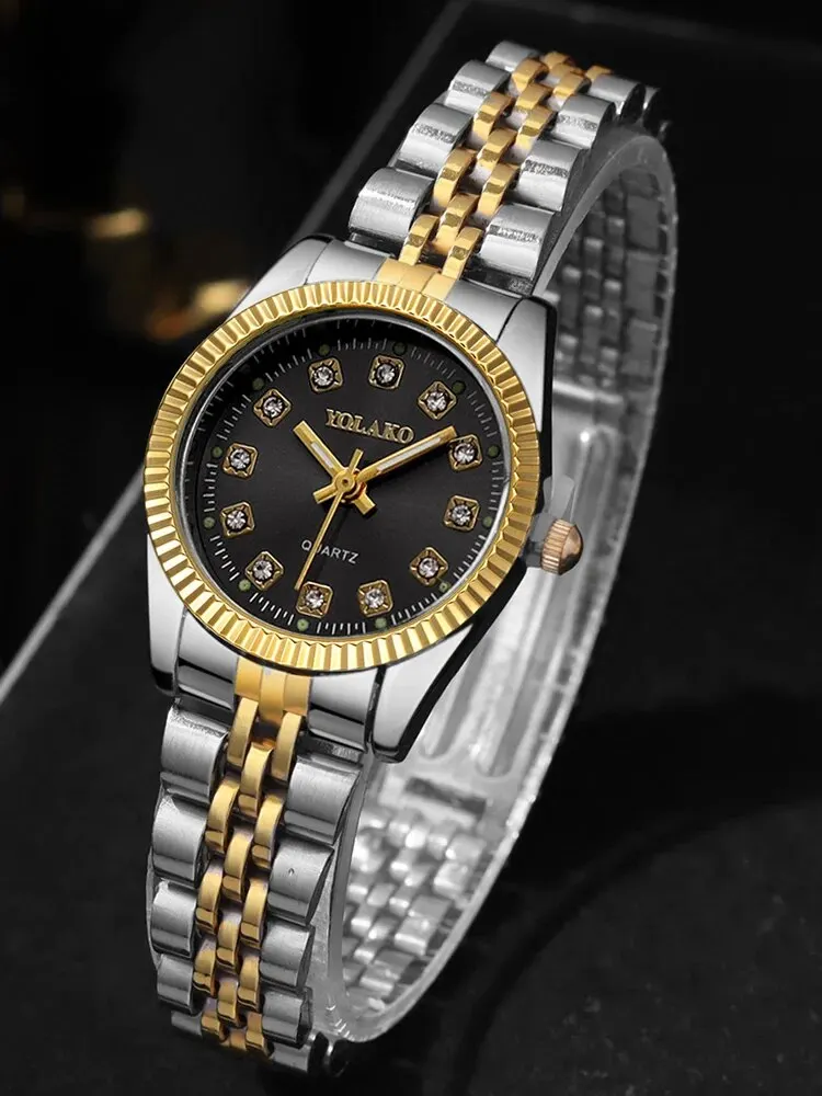 1pcs Women\'s Fashion Round Room Gold Steel Band Quartz Wristwatch