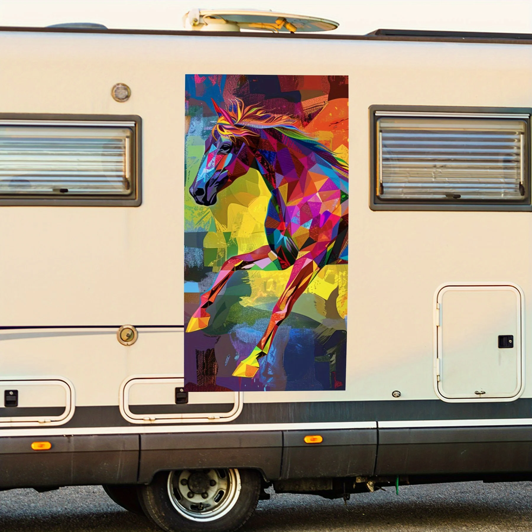 

Colorful Geometric Horse Motorhome Car Door Sticker PVC Self Waterproof Stick, Striking Auto Exterior Accessories Decor Protect