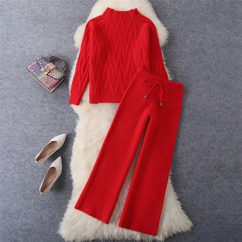 Fall Spring Knit 2 Piece Sets Half Turtleneck Sweater Tops Outfit Knitted Wide Leg Pants Trajes Knitwears Pullovers Tracksuits