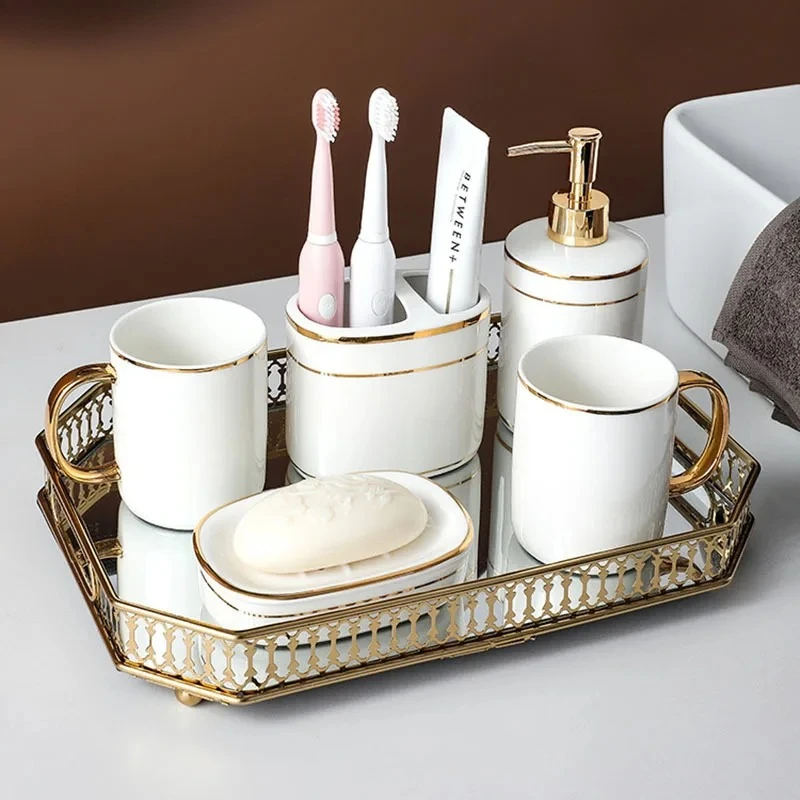 Golden Stripes Bathroom Decoration Accessories White Ceramic Toothbrush Holder Portable Soap Dispenser Mouth Mug Bath Supplies
