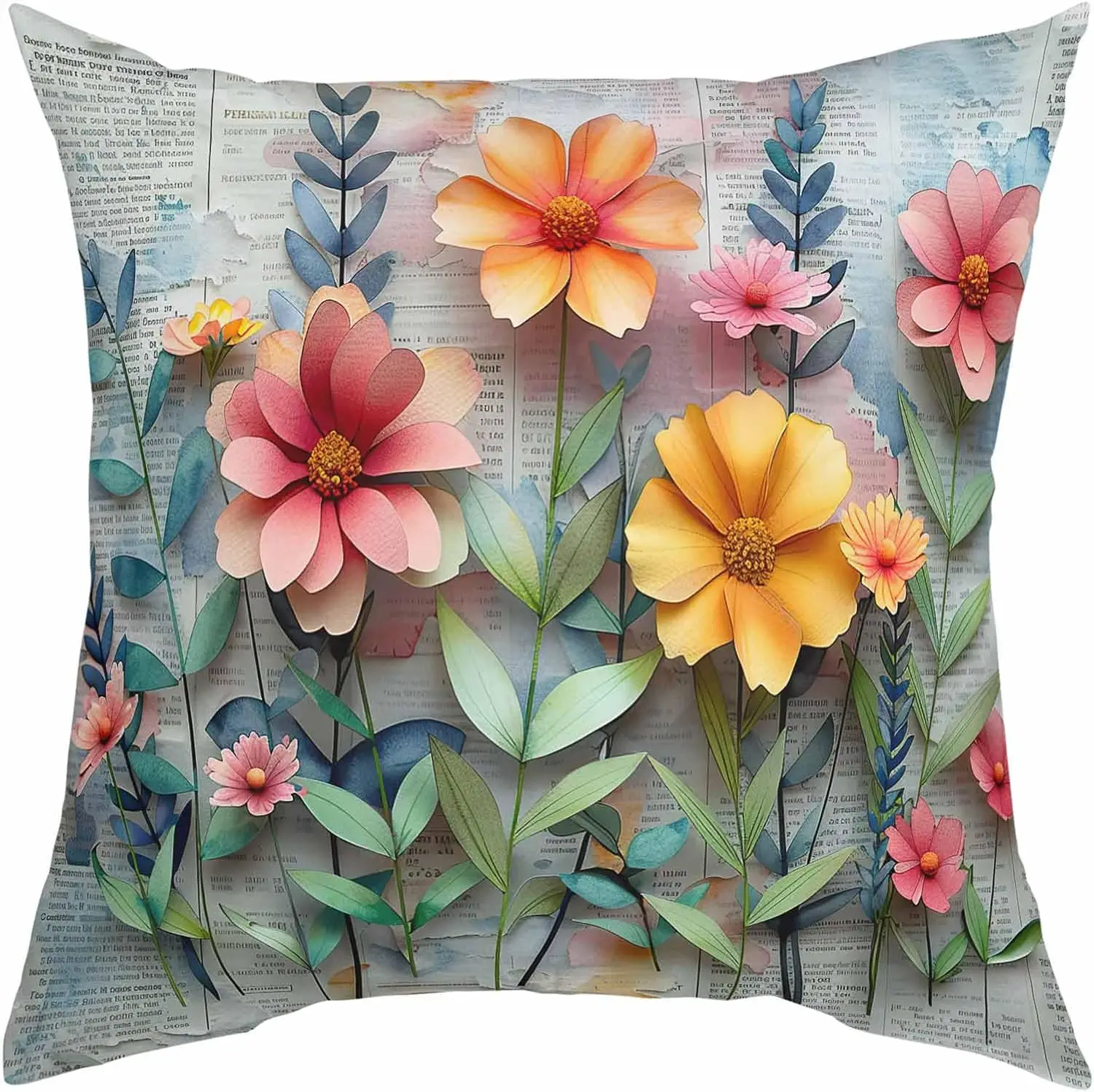 

T&H XHome Throw Pillow Cover Indoor Throw Pillowcase Newspaper Art 3D Flower Printing Pattern Soft