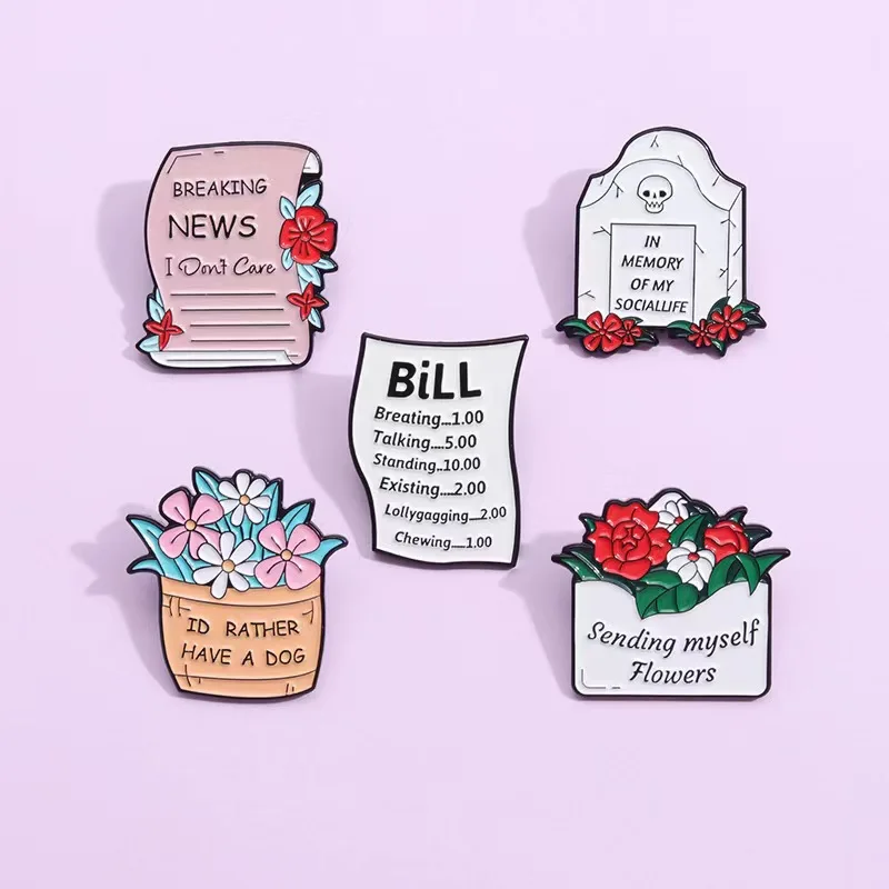 In Memory Of My Social Life Enamel Pins bill Tombstone Breaking News Brooch Lapel Badges Plant Jewelry Gift for Womans Wholesale