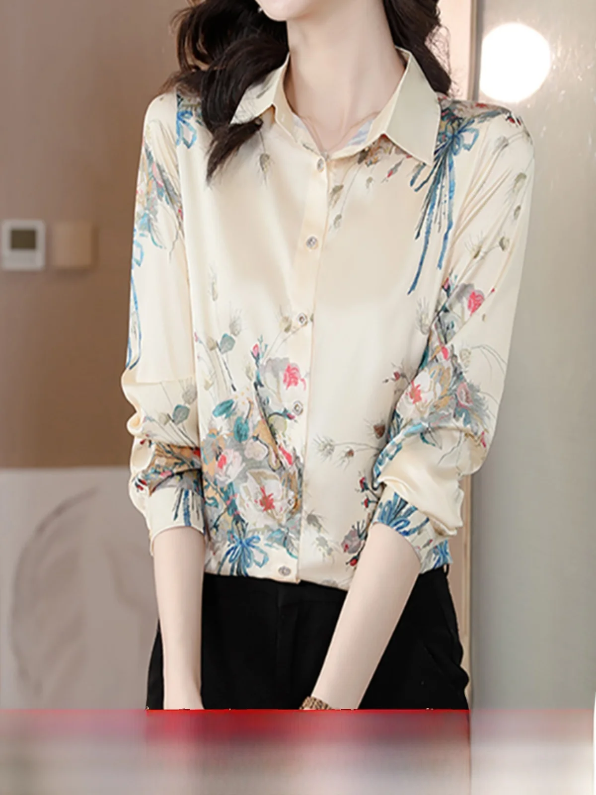 

Silk Long Sve Printed Women's irt Spring Autumn New Sle Korean Version Slim Fit Collar Button Decoration