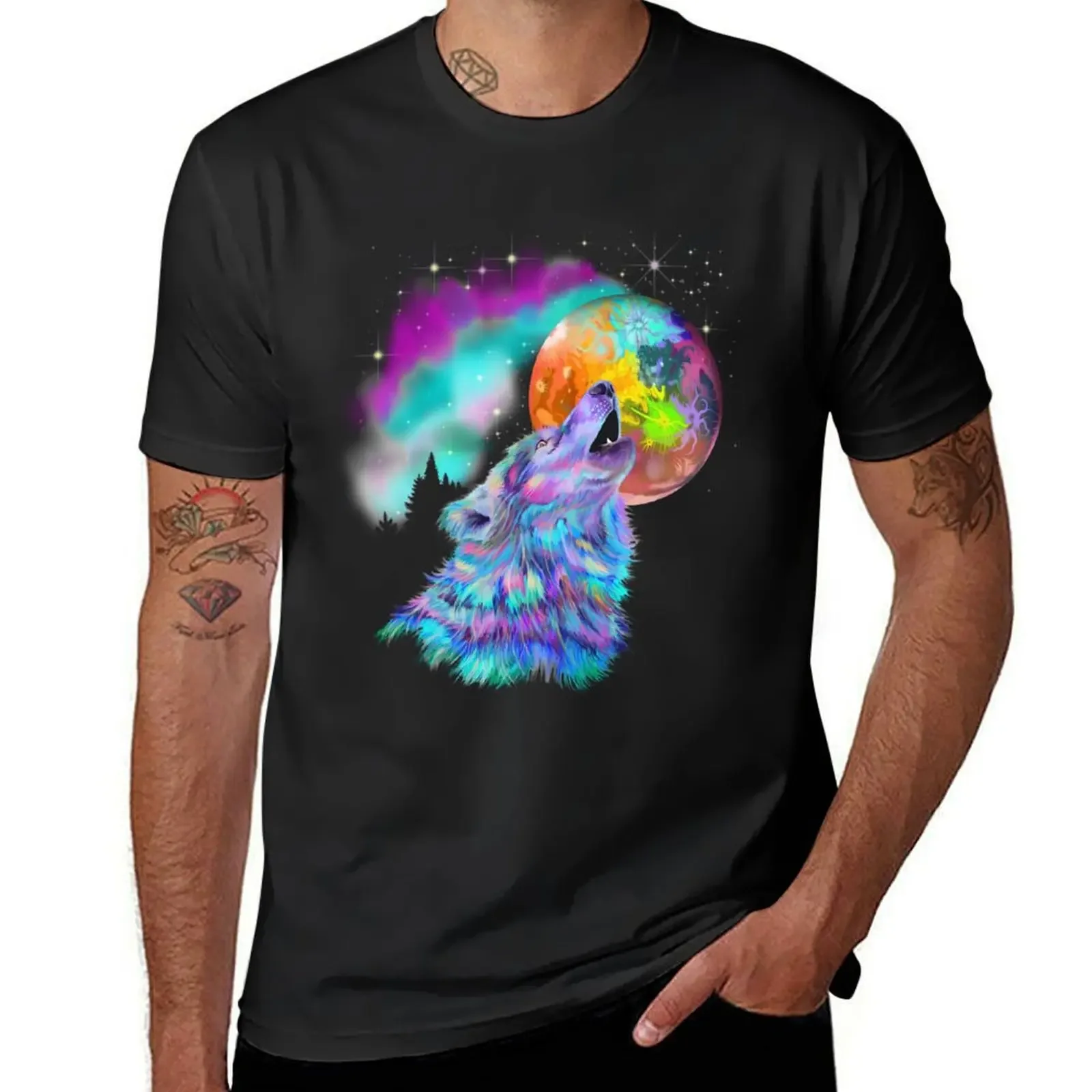 Colorful rainbow wolf howling T-Shirt man clothes cotton graphic tees street wear men t shirts high quality