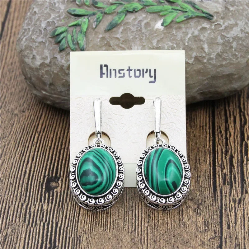 Big Oval Flower Pendant Malachite Earrings For Women Antique Silver Plated Party Fashion Jewelry TE391