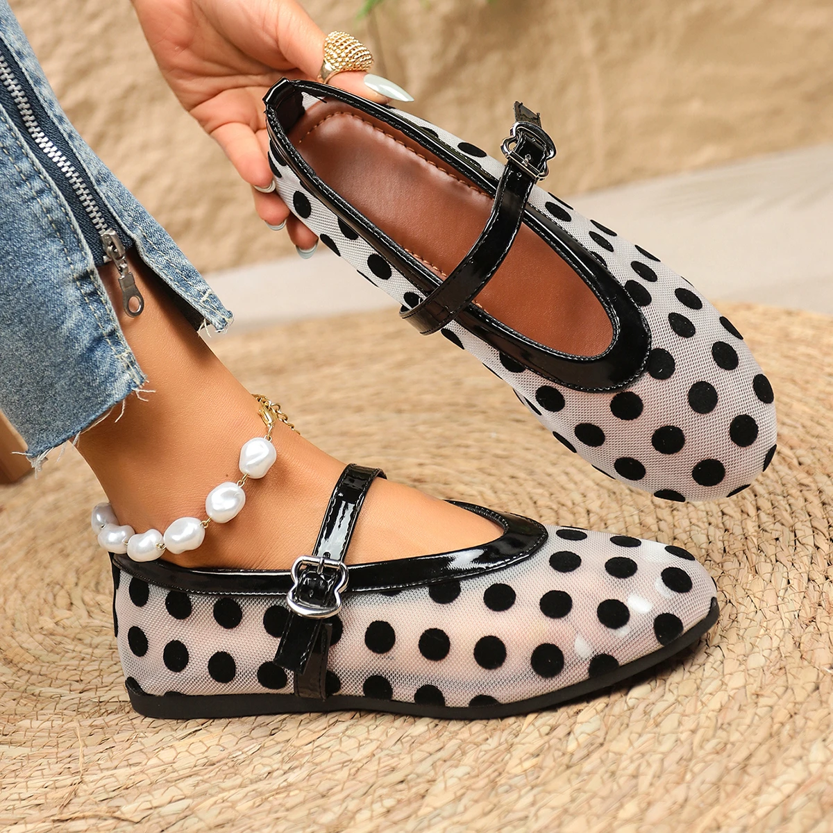 2026 Damen Ballerinas mit Netzstoff und Polka Dots, Vintage Mary Jane Schuhe mit runder Zehenpartie, Übergrößen Damenschuhe Größe 36-43 – Detail 15