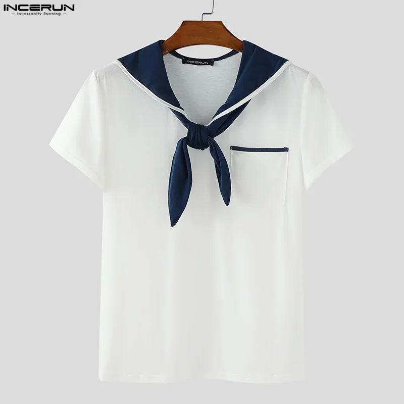 INCERUN Men T Shirt Patchwork Summer Navy Collar Short Sleeve Male Tee Tops Streetwear 2025 Pockets Fashion Casual Men Clothing
