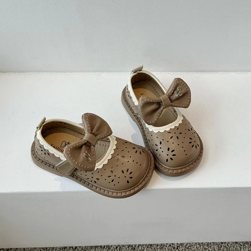 Zapatos de princesa de cuero Pu suave para niños y niñas, boca poco profunda, zapatos de princesa para estudiantes, zapatos de cuero transpirables antideslizantes huecos, novedad de verano