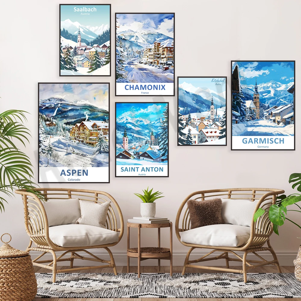 St. Moritz, Verbier, Kitzbühel, Chamonix France, Vail Colorado, Garmisch, Whistler, Zermatt, Saalbach travel print, ski poster