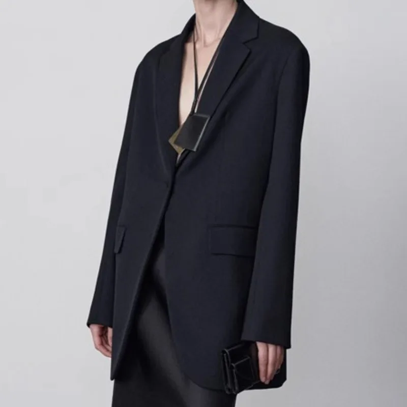 HKSH Women Wool Blazer Dark Style Single Button Design Elegant Fashion Simple Loose Casual Office Lady Stylish Suit-Coat HK27733