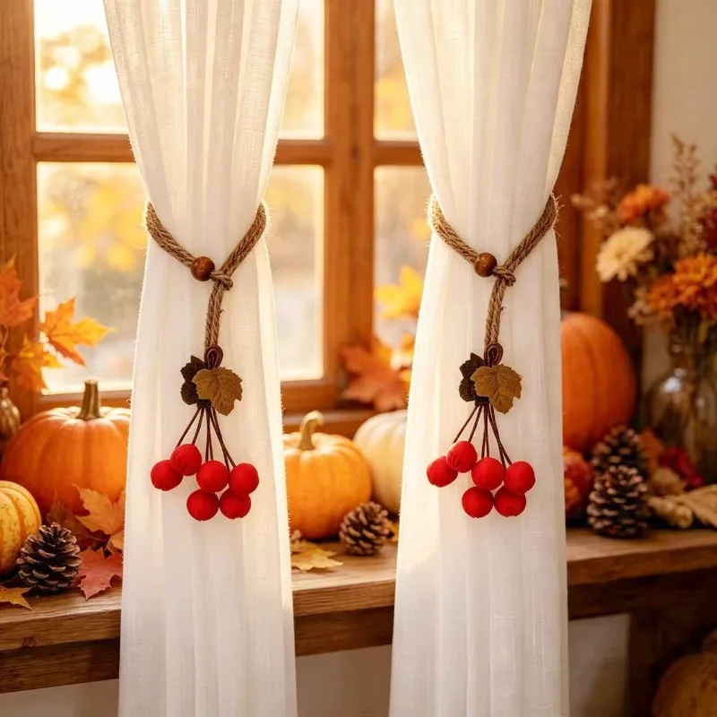 Rustic Hawthorn Berry Bunch Curtain Tieback Harvest Fruit Cluster Drape Holdback Fabric for Sheer Window Country Home Xmas Decor