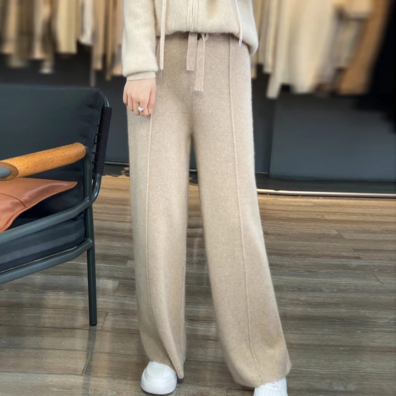 100% genuine wool high-end wide-leg pants women\'s thick loose high waist drape casual pants clearance.