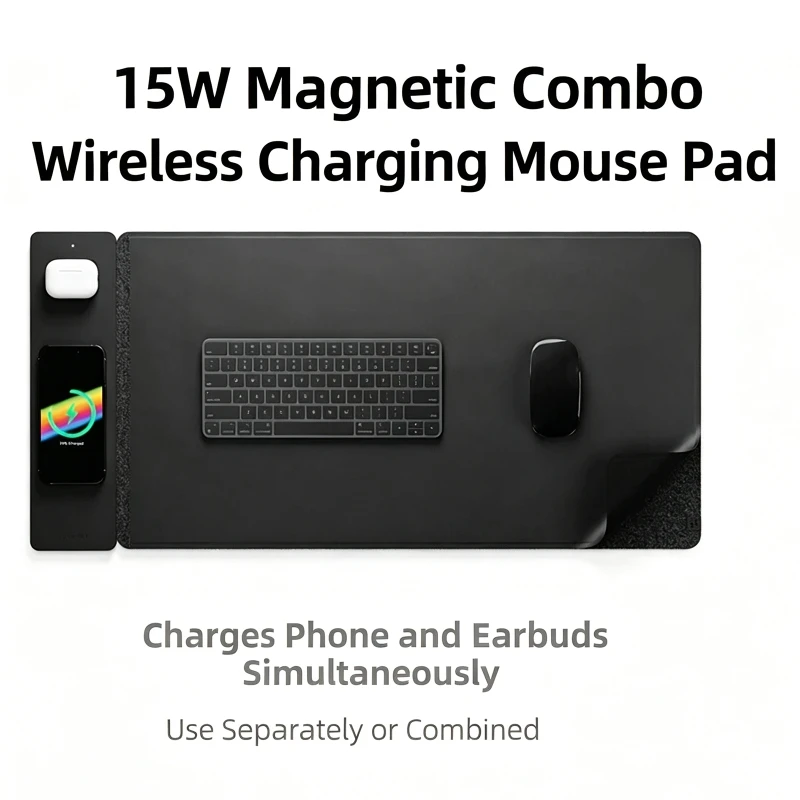 マグネット式着脱可能マウスパッド-二層構造多機能マウスパッド-2-in-1-ワイヤレス充電マウスパッド（携帯電話とヘッドホン用）