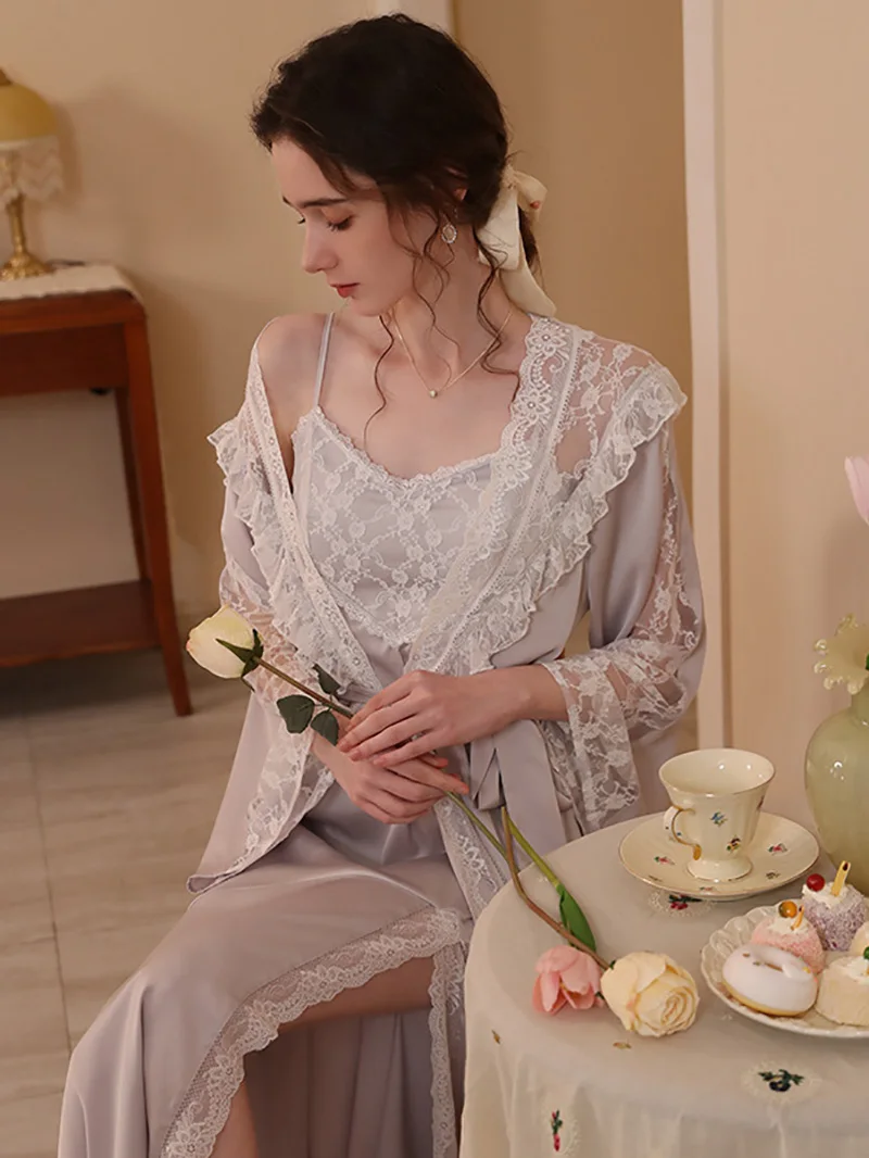 Spaghetti Strap Nightgown Dress Robe Female Sexy Two-piece Set Silk Lace Pajamas Female Spring Summer Victorian Home Clothes