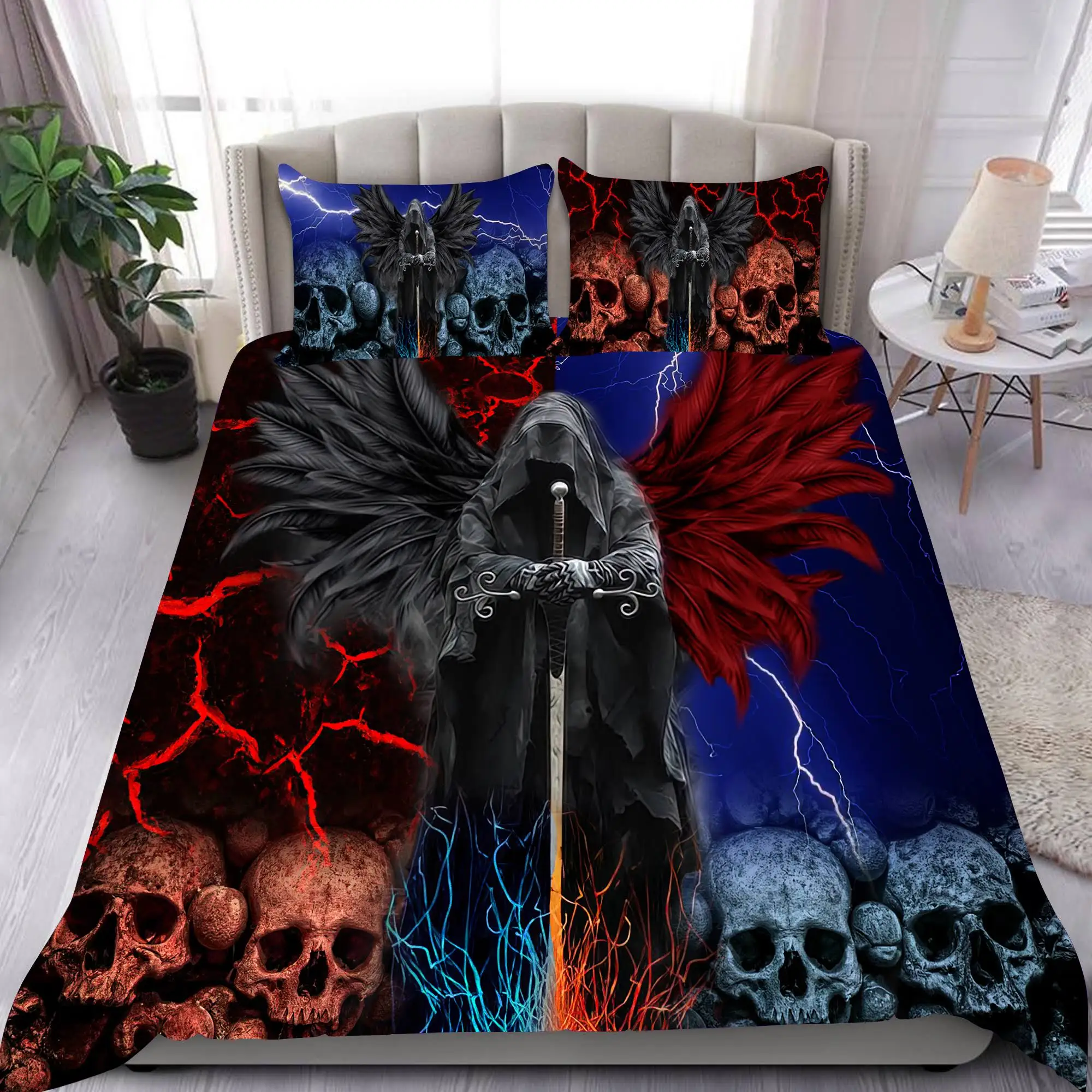 Skull Chevalier Duvet Cover Set King Size Horror Skeleton Bedding Set Day Of The Death Comforter Cover 2/3pcs For Boys Men Gifts