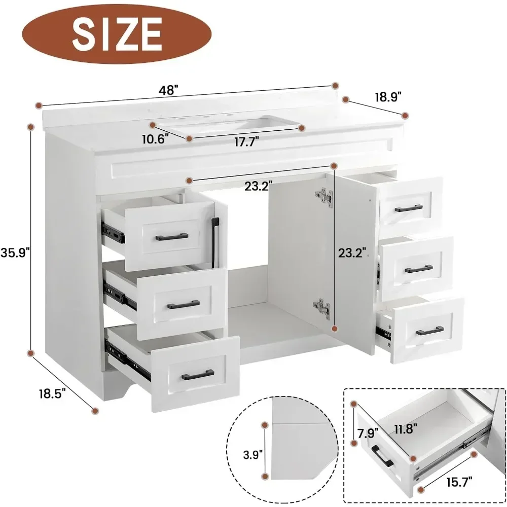 Luxueux HOVanity avec dessus de seau en pierre blanche, évier rectangulaire et éclaboussures arrière, 2 portes à fermeture en douceur