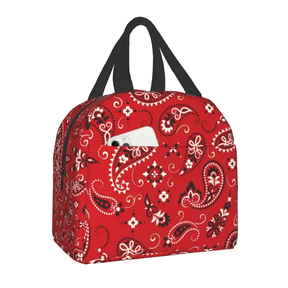 Custom Red Bandana Lunch Bag for Women Men Warm Cooler Paisley Western Cowboy Outlaw Insulated Lunch Boxes for Children School