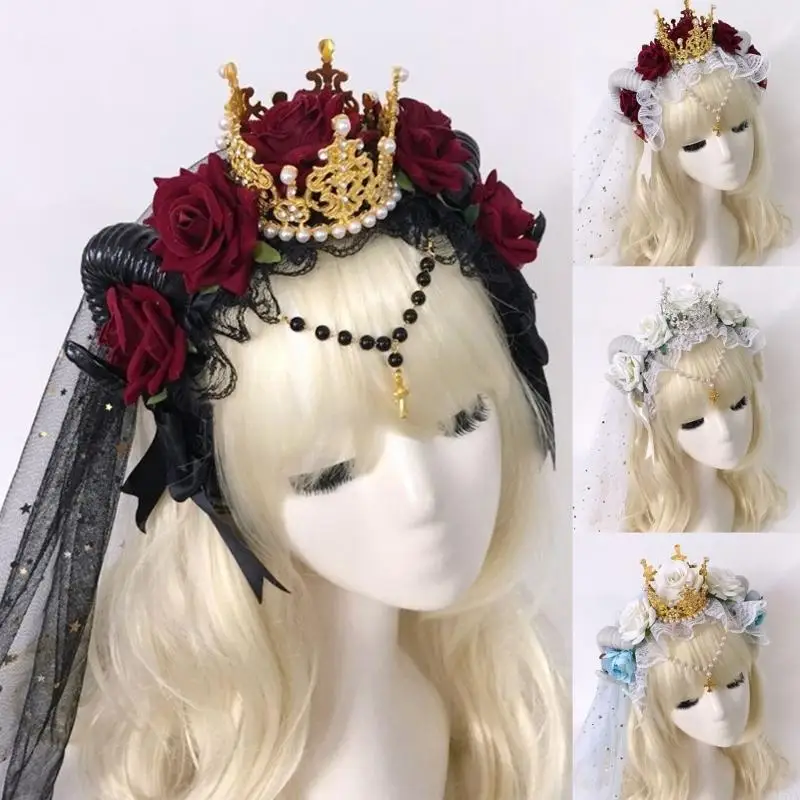 

L5YA Sheep Horn Headwear Rose Flower Lace Decorations Gothic Devil Headband Cosplay Accessory Headwear Hairband