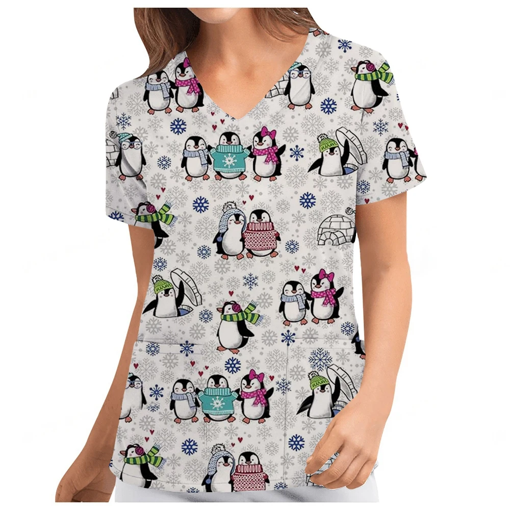 New Women's Nurse Uniform Disney Stitch Alice Nursing V-neck Pocket Scrub Top Printed Dental Beauty Salon T-Shirt