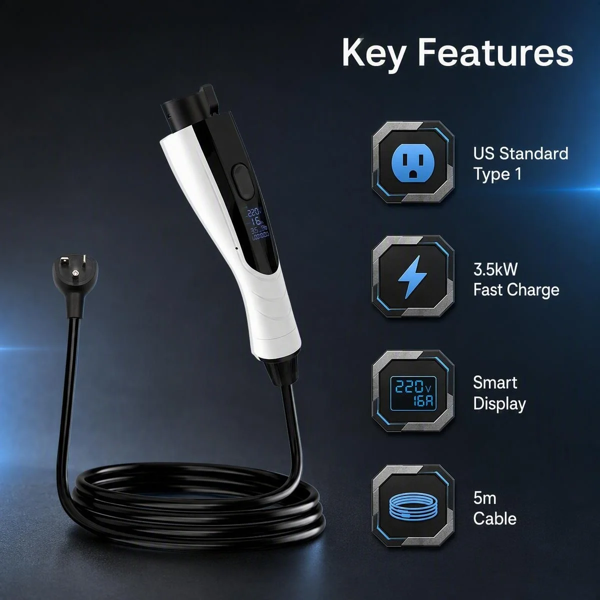 3.5kw Portable Charging cable Type1 American Standard with LED Display Screen Adjustable Current Household Portable EV Charger