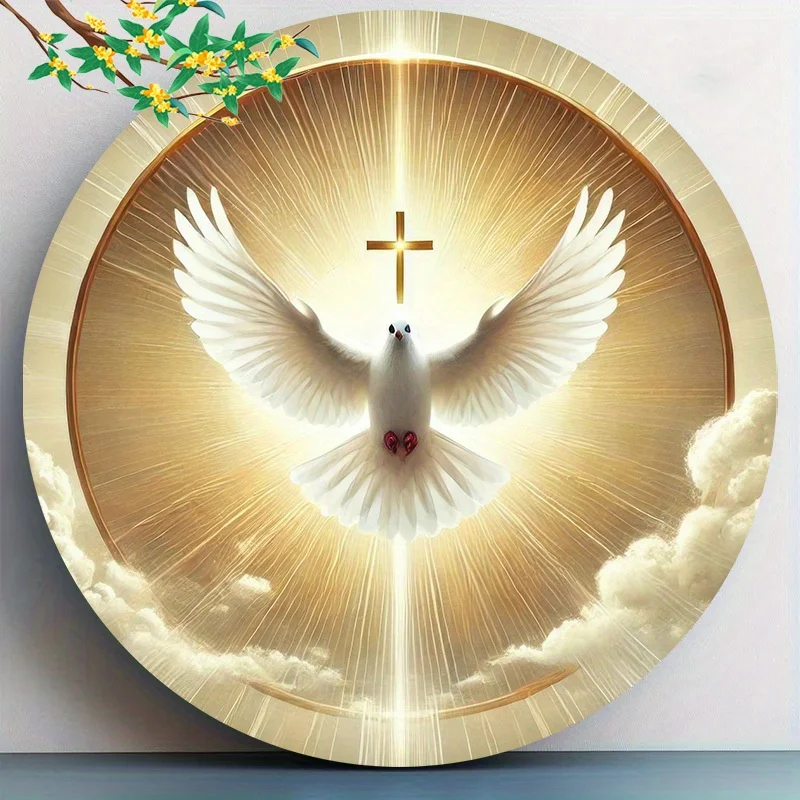 Room Decoration 1pc, Holy Spirit White Dove And Glory Round Aluminum Decorative Painting, 20.32X20.32 Cm, Home Decor Wall Hangin