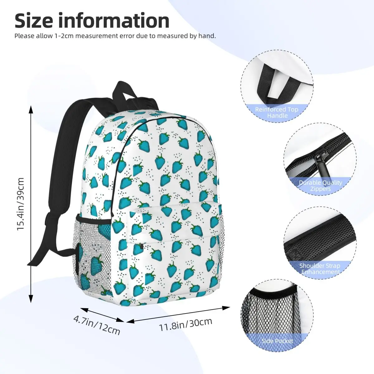 Cute Blue Strawberry Backpack Daypack Large Capacity Boys Girls BookBag Shoulder Bags for Men Women Kids School Bag