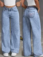 Women's Back Pocket Bow Embroidered Fashionable Wide Leg Pants Versatile Washed Denim