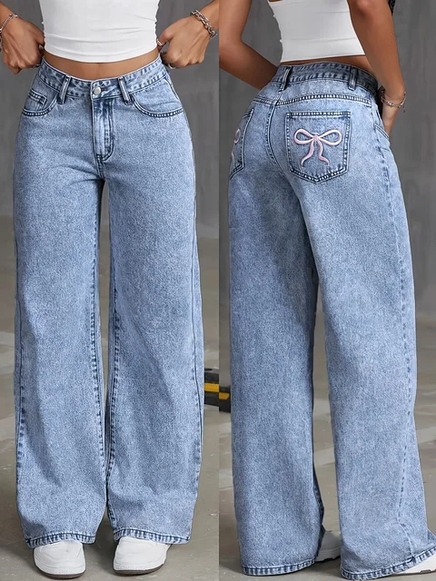 Women's Back Pocket Bow Embroidered Fashionable Wide Leg Pants Versatile Washed Denim Trousers Women's Back Pocket Bow Embroidered Fashionable Wide Leg Pants Versatile Washed Denim