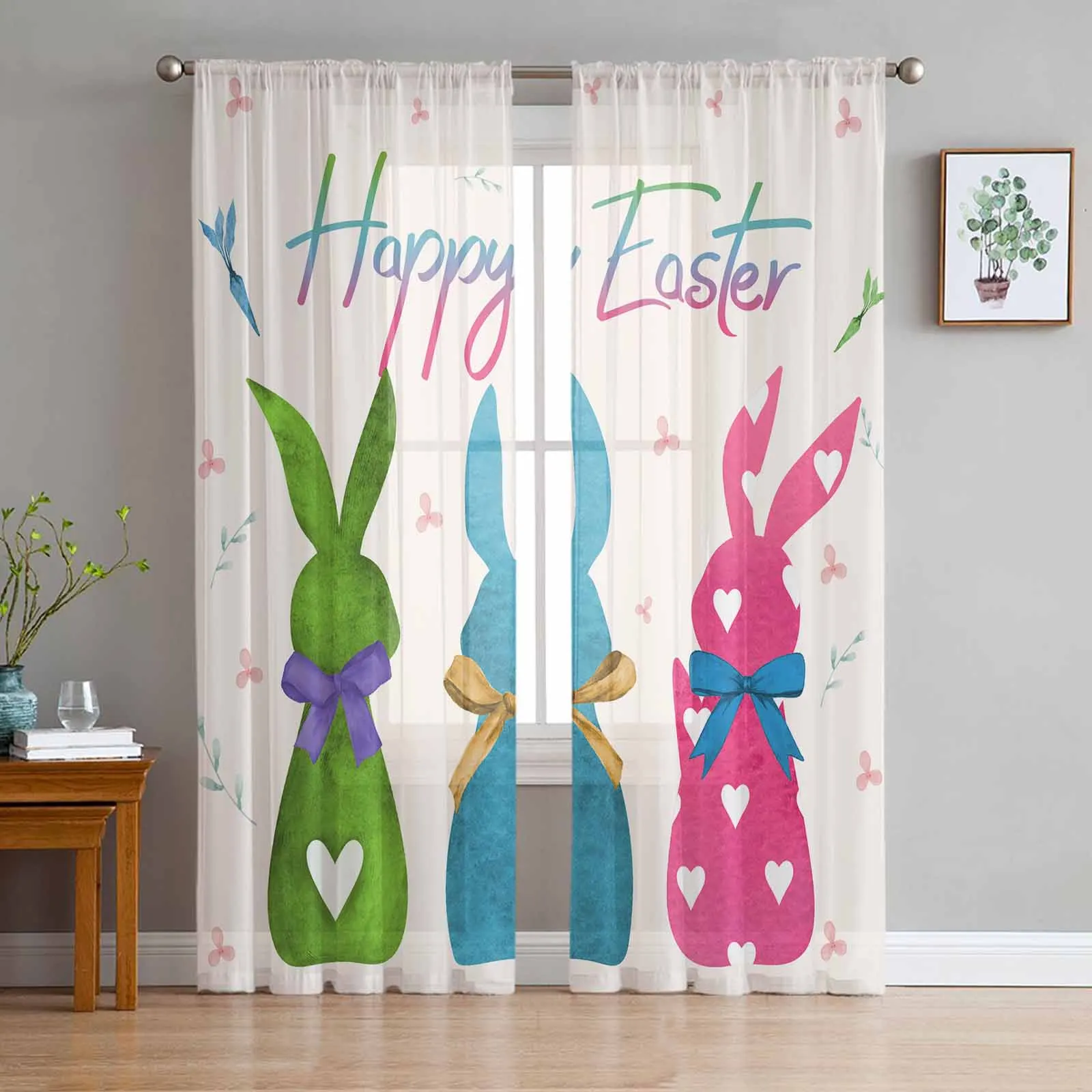 Easter Colorful Bunny Voile Curtains for Bedroom Window Tulle Curtain for Living Room Sheer Blinds Drapes